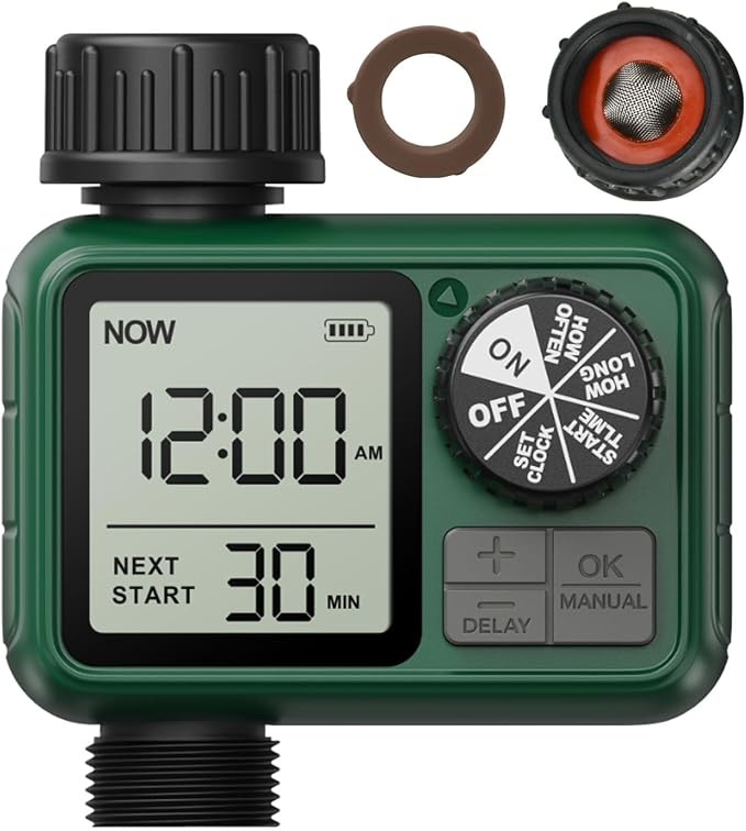 Water Timer for Outdoor Garden Hose, Sprinkler Timer for Garden Faucet with Auto/Manual/Rain Delay Mode, Sprinkler Irrigation Controller for Yard Lawn (1 Zone Plastic Inlet)