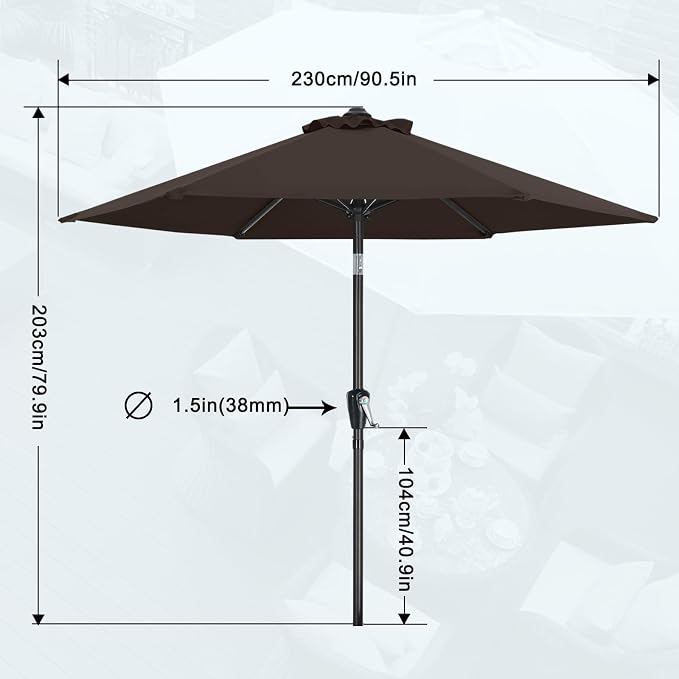 MASTERCANOPY 7.5FT Patio Umbrella with Push Button Tilt and Crank, Outdoor Market Umbrella with 6 Sturdy Ribs, UV Protection & Waterproof for Garden, Deck, Backyard, Pool (Brown)