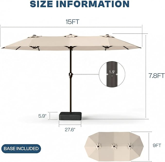 15FT Large Patio Umbrella with Base Included, Double Sided Outdoor Market Umbrella with Flexible Fiberglass Ribs, UV-Blocking Extra Large Umbrella for Garden, Pool, Deck, Beige