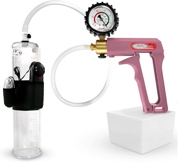 LeLuv Vibrating Penis Pump Maxi - Pink Nylon Handle + Protected Gauge and Clear Hose - 9 inch Length x 2 inch Diameter Cylinder