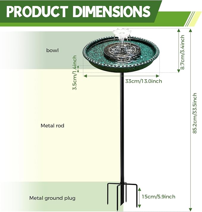 Bird Bath with Solar Powered Fountains for Hummingbirds,Stable Stylish Design with 5-Prong Base Stake Plastic Bird Bath for Outside Lawn Patio Yard Garden