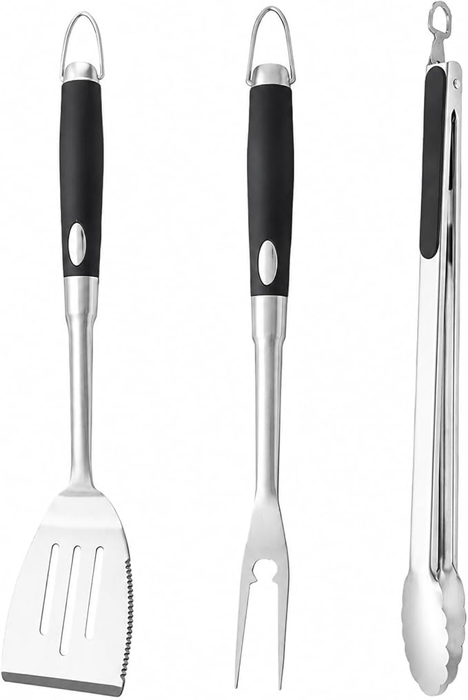 Heavy Duty Grilling Accessories Grill Tool Set 3-Piece SUS304 BBQ Utensils | Stainless Steel BBQ Utensils, Heat-Resistant Silicone Handle, Spatula, Tongs, Fork, For Outdoor Cooking