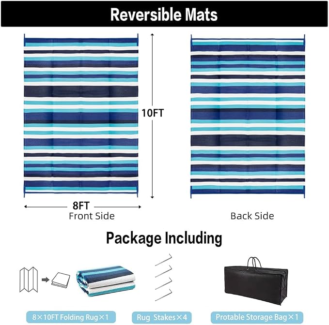 HUGEAR Outdoor Waterproof Rug 8'x10' Plastic Straw Rugs Washable Reversible Floor Mat Blue Stripe Carpet for Camping RV Deck Entryance Porch Picnic Balcony Beach Backyard