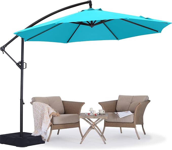 ABCCANOPY 10FT Cantilever Patio Umbrella with base included, 360° Rotation Outdoor Offset Umbrella Bonus Fix Frame & Weights Bag for Backyard, Deck, Poolside (Turquoise)