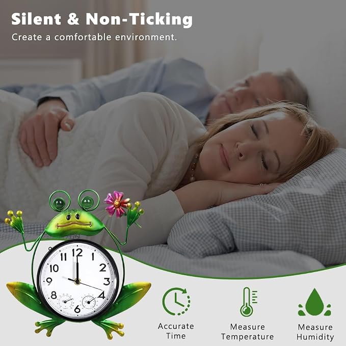 Outdoor Clock Silent Non-Ticking, Frog Outdoor Wall Clock with Thermometer & Humidity Decorative Outdoor Clocks for Patio, Garden, Home Decor