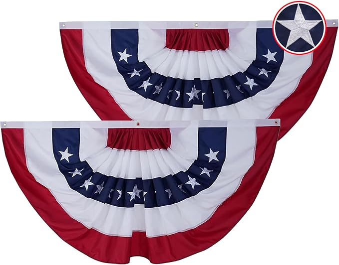 American Bunting Flags Outdoor 1.5x3 ft 2 Pack, Heavy Duty Embroidered Flag Buntings for Outside Use, Patriotic Bunting Banner US Pleated for 4th of July 250th Anniversary