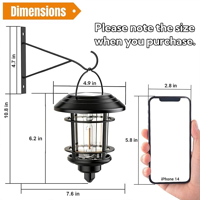 Dynaming 2 Pack Solar Lanterns Outdoor, Hanging Lantern Solar Garden Lights with Edison Bulb, Wall Mounted LED Light Auto On/Off, Waterproof for Garage Stair Patio Front Porch Yard, Warm White