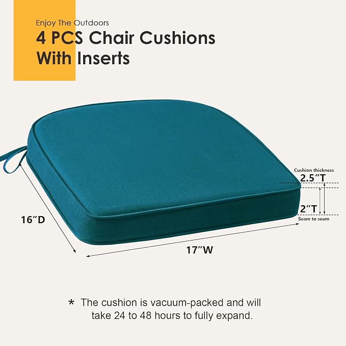 Outdoor Sunbrella Round Corner Seat Cushion, 17"x16"x2", Set of 4, Non Slip Seat Cushion Pads with Removable Cover for Patio Furniture, Garden Yard Lawn, Spectrum Peacock