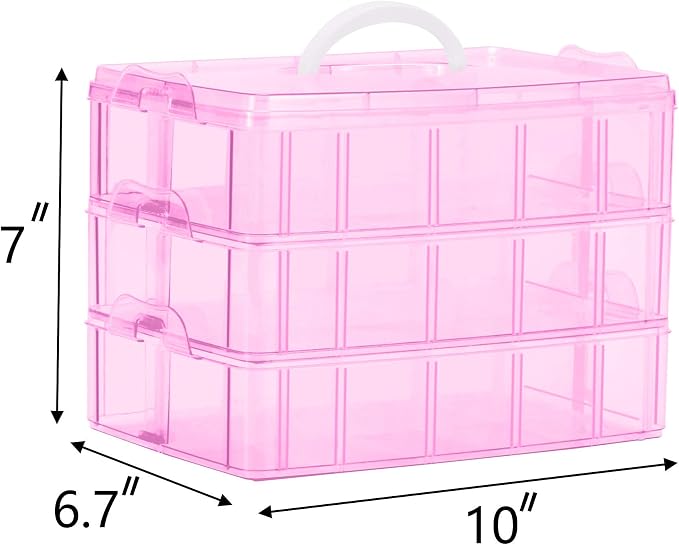 Sooyee Bead Organizer, 3-Tier Craft Organizers and Storage, Stackable Storage Containers with 30 Compartments Dividers for Washi Tape, Toy, Nail, Art Supplies, Fishing Tackle, Pink