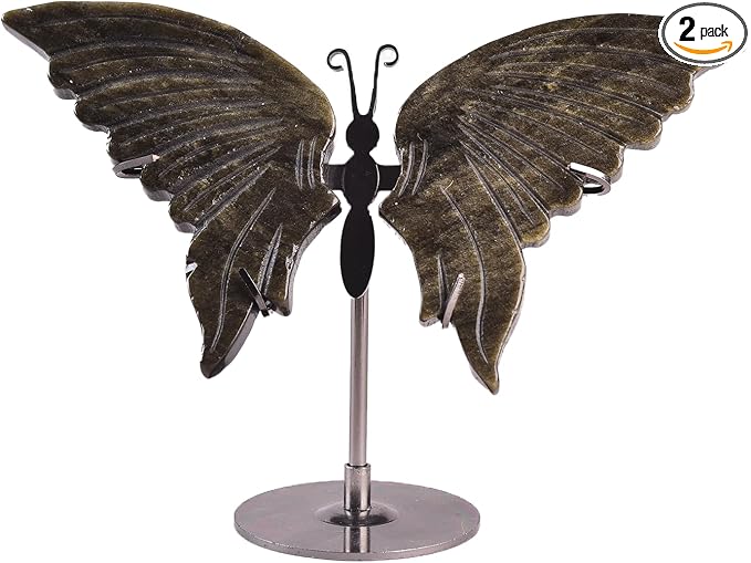 JIC Gem Natural Golden Obsidian Crystals Butterfly Decorative Rocks Stones Healing Crystal Carved Angel Wings Figurine with Display Decor Reiki Gifts (1pair, 10cm)