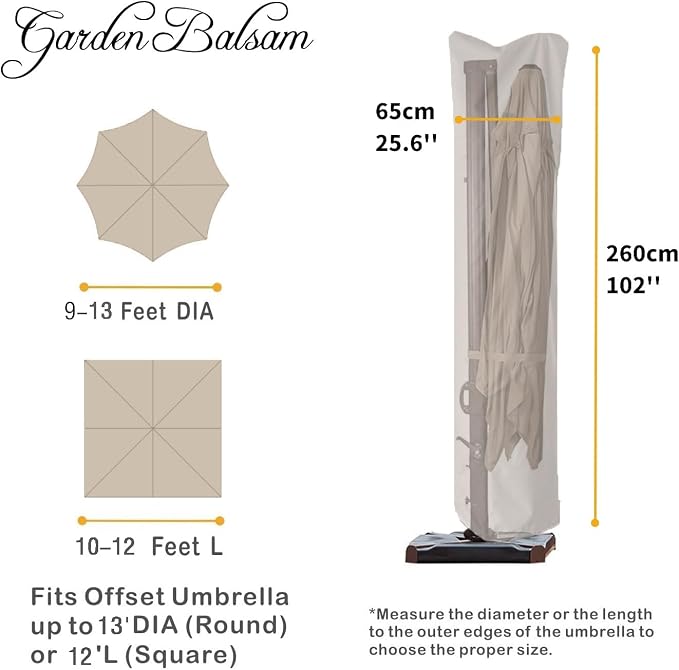 Patio Umbrella Cover for 9ft to 13ft Offset Umbrella, Water Resistant, Curved Cantilever and Straight Pole Parasol Outdoor Umbrellas Cover with Zipper and Rod