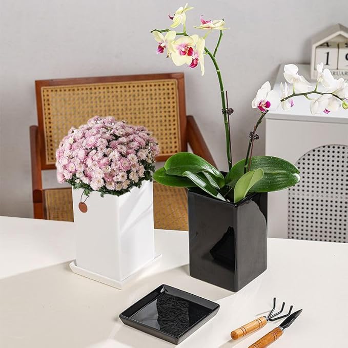 Square Ceramic Plant Saucer Tray 10 11 12 Inch White,12.4" OD x10.8 ID x1.4 Deep| Sturdy Heavy Duty Glazed Planter Drip Flower pots with Catch Basin for Indoor Outdoor Plants(12" White)