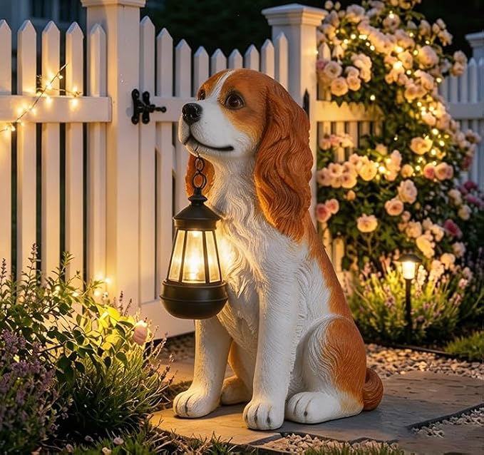 Afirst Dog Garden Statue - Outdoor Decor with Solar Lantern Valentine's Day Gift Lovely American Cocker Spaniel Figurine Patio Lawn Yard Art Ornaments Housewarming Gift