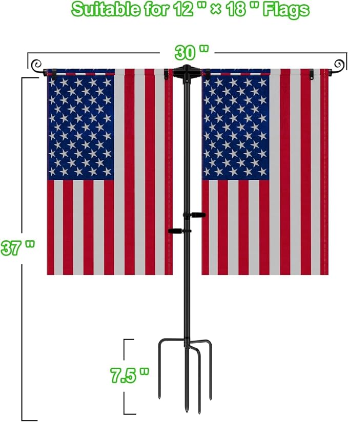 Garden Flag Stand Holder with 4 Prong Base for Double Flags, 3/4 Inch Extra Thick Heavy Duty Yard Flag Holder for Outside 12x18 Home Patio Decor