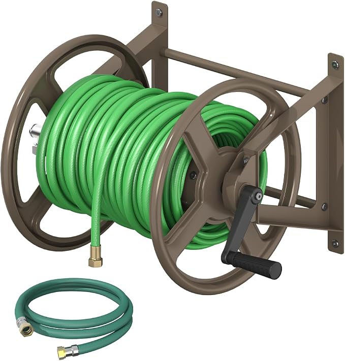 Garden Hose Reel Wall Mounted, Heavy-Duty Water Hose Holder Winder with 3.9 ft Leader Hose & Brass Fitting, Hose Hanger Storage Rack Holds 125-Feet of, 5/8-Inch, for Yard Lawn Farm, Brown