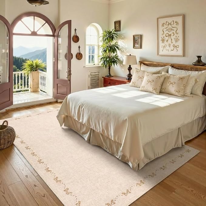 COZYLOOM Rugs for Living Room 4x6 Modern Bow Area Rugs for Bedroom, Solid Color Washable Area Rug with Non Slip Backing, Non Shedding Low Pile Carpet Stain Resistant Mats for Entryway Nursery, Beige