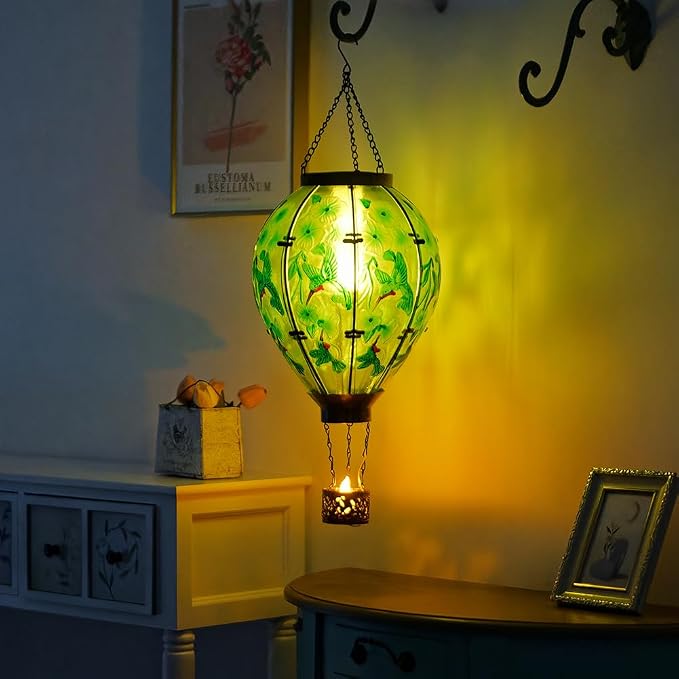 Starsoul Extra Large Solar Hot Air Balloon Lantern with Flame Hummingbird Glass Outdoor Hanging Hot Air Balloon Solar Light Waterproof Garden Patio Yard Party Decorations