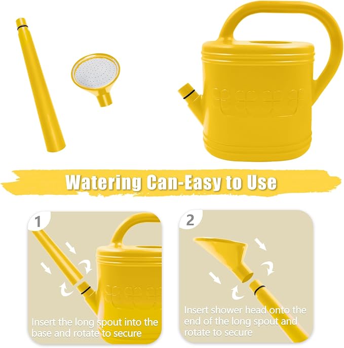 2 Gallon Watering Can, Outdoor Watering Can for Plants, Garden Water Can with Removable Long Spout and Stainless Steel Sprinkler Head, Large Water Can for Greenhouse (Yellow, 2 Gallon)
