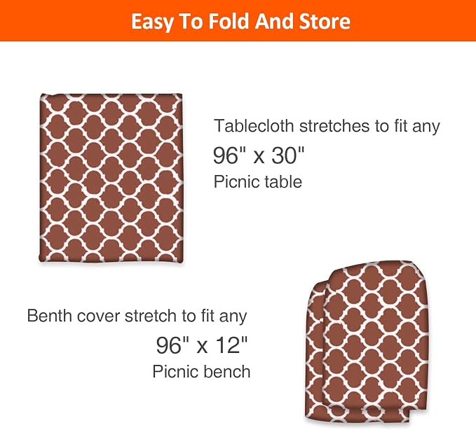8ft Picnic Table and Bench Cover, Camping Essentials RV Gear, 96 in Waterproof Windproof Outdoor Elastic All Around Tablecloth, Fitted Rectangle Tables and Seats, Coffee-White Moroccan