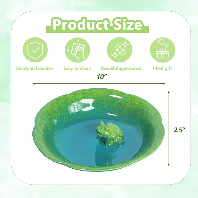 10" W Ceramic Bird Bath Bowl,Bird Bath for Outdoors with Frog Decor.