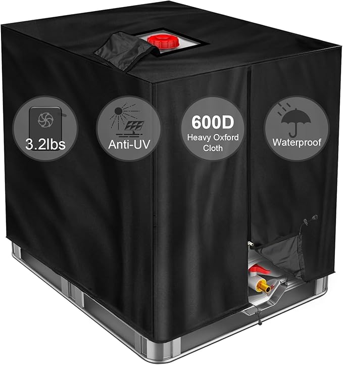 IBC Tote Cover, GDCCPRO 600D Heavy Duty Waterproof Cover for 1000L IBC Container Rain Water Tank Outdoor 275 Gallon Rain Barrel Foil Anti-Dust Sun Protection Anti-UV (600D Black)