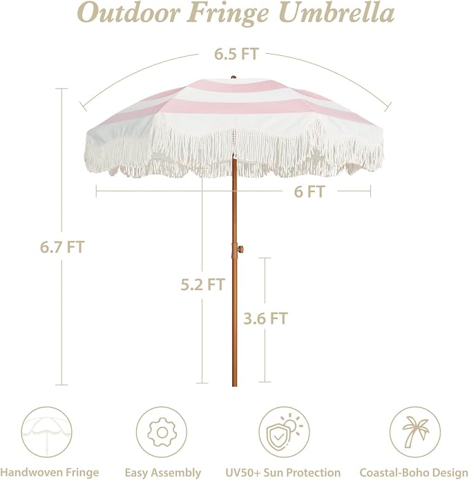 AMMSUN Boho Fringe Umbrella Outdoor Patio, 6.5ft UPF50+ Picnic Umbrella with Tassels with Steel Pole and Push Button Tilt, Pink Stripes