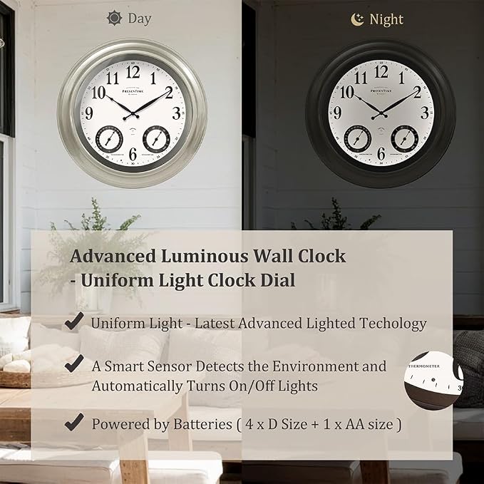 Presentime & Co 24" Jameson Illuminated in/Outdoor Clock, Modern Farmhouse, Self-Illuminated, Waterproof, Weather Station (Thermometer & Hygrometer), Metal Clock, Morning Silver. (Night Light)