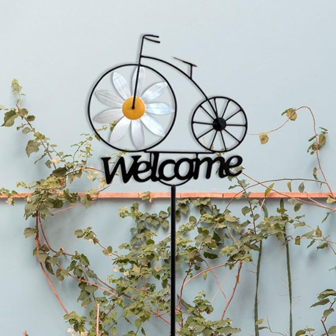 SUPVOX Metal Wind Spinner, Bicycle Wind Spinners Garden Metal Sunflower Stake with Welcome Sign Antique Bike Stake Decoration Outside Garden Decor for Patio Lawn