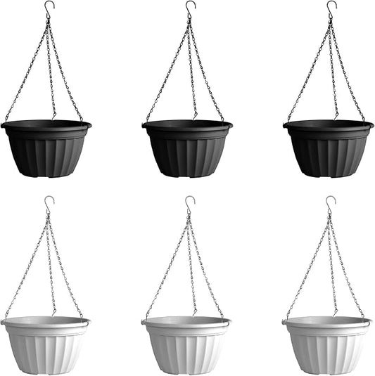 FGstyle 6 Pack Hanging Planters 10 Inch(Black & White),Self Watering Pots for Indoor Plants,Plastic Hanging Basket with Soil Elevator and 20" Chain for Home Garden Porch Balcony Patio Decor