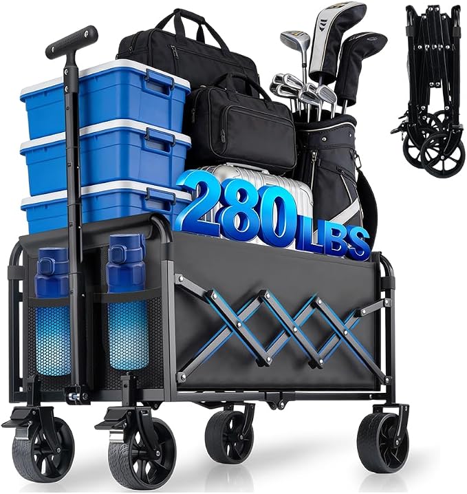 Collapsible Wagon Cart Foldable with Wheels - Heavy Duty 360LBS Portable Folding Utility Shopping Cart with 360° Swivel Brakes Wheels & Cup Holders for Outdoor Camping Beach Grocery Garden