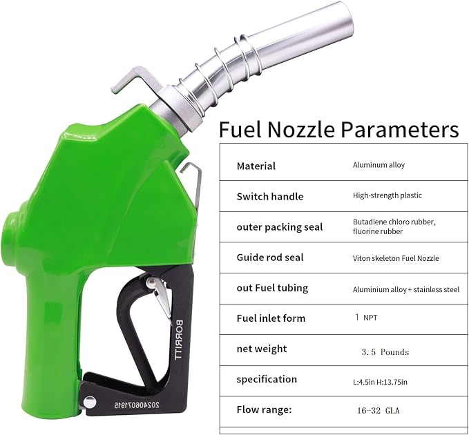 1" Inch NPT Green Automatic Fuel Nozzle Heavy Auto Shut-Off Aluminum Alloy Diesel Petrol Fuel Transfer Pump Nozzle W/Three Notch Hold Open Clip The Max Flow Rate 32 GPM Not for gravity tank