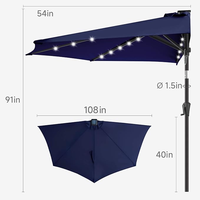 9ft Solar Half Umbrellas Outdoor - LED Half Patio Umbrella with 25 Lights, UV Protection Waterproof, Half Round Umbrella for Wall Balcony, Pool, Porch, Garden, Deck, Backyard, Navy Blue