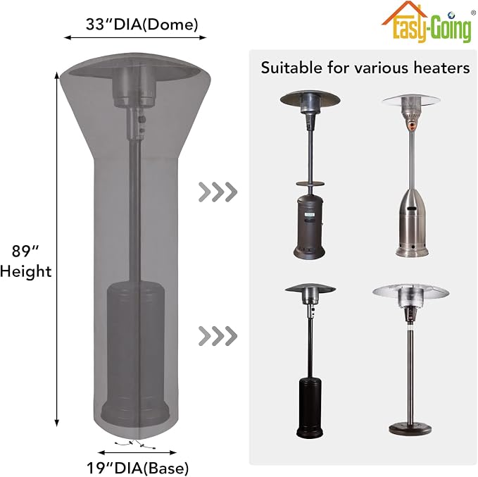 Easy-Going Patio Heater Cover with Zipper and Storage Bag, Waterproof Outdoor Heater Cover Dustproof, UV-Resisant, Wind-Resistant (89"H x 33"D x 19"B, Grey)