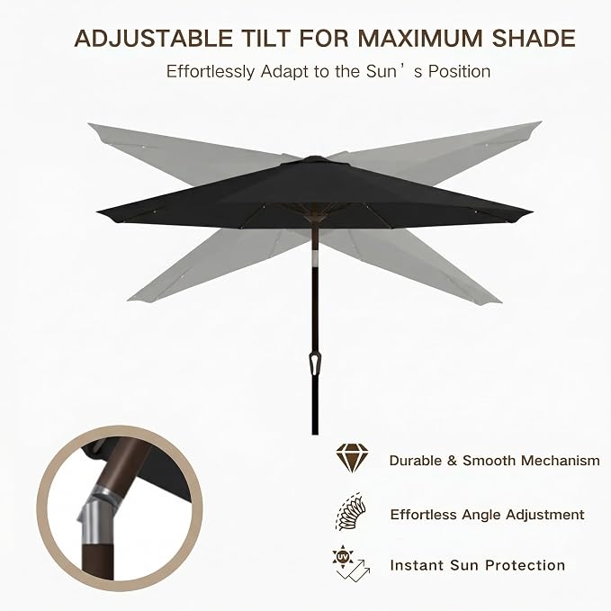 Kingdura 9FT Outdoor Patio Umbrella with Solar Lights, Market Table Umbrella with Push Button Tilt & Crank, 8 Sturdy Ribs, 32 LED Lights, UV Protection for Garden Lawn Deck Backyard Pool (Black)