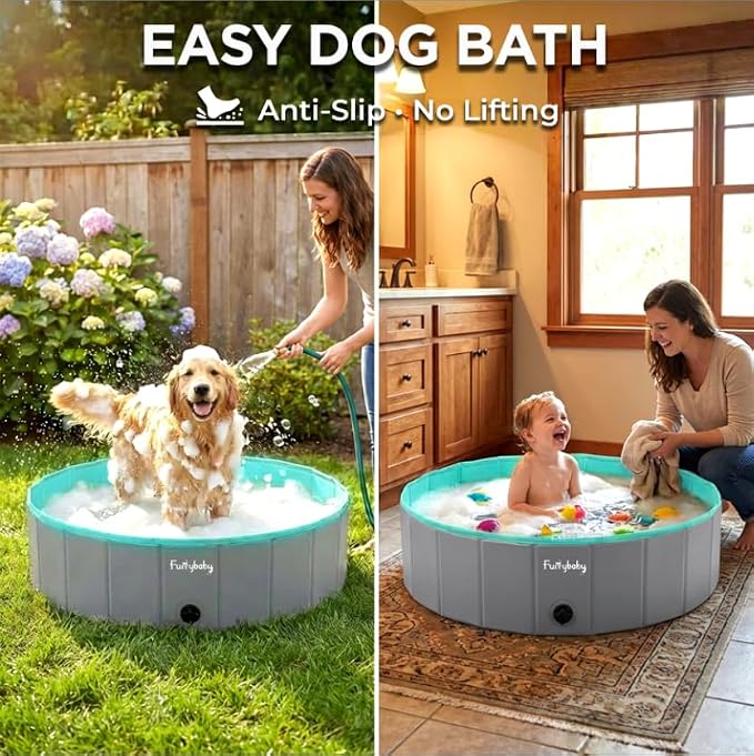 Furrybaby Foldable Dog Pool, Kiddie Pool Hard Plastic, Collapsible Pet Bath Portable Dog Swimming Pool for Pet, Dogs and Cats Grey 32'' | Collapsible rigid dog pool with non-slip PVC, durable hard plastic tub, portable indoor & outdoor use for pets and...