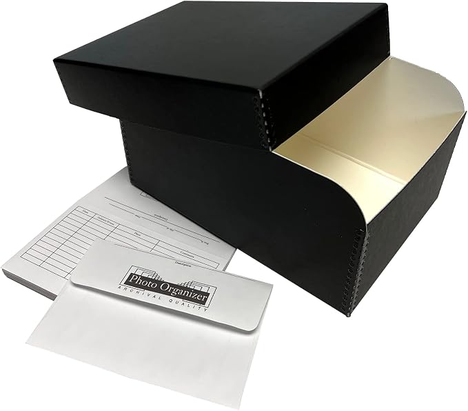Lineco 4x6 Photo Storage Box, with 12 Acid-Free Envelope, 5.5x7.5x11, Black | Holds Up to 1000 3.5" x 5", or 4" x 6" Pictures, Metal Edge, Archival Organizer for Cards, Prints, Stickers, Stamps, Seeds