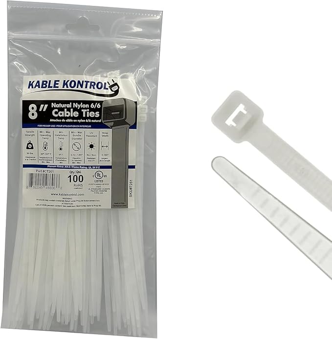 Kable Kontrol Cable Zip Ties Natural White 100 Pcs 8 Inch, 50 Lbs Tensile Strength, Self-locking Natural Nylon Clear Plastic Wire Ties wraps for Indoor or Outdoor Use