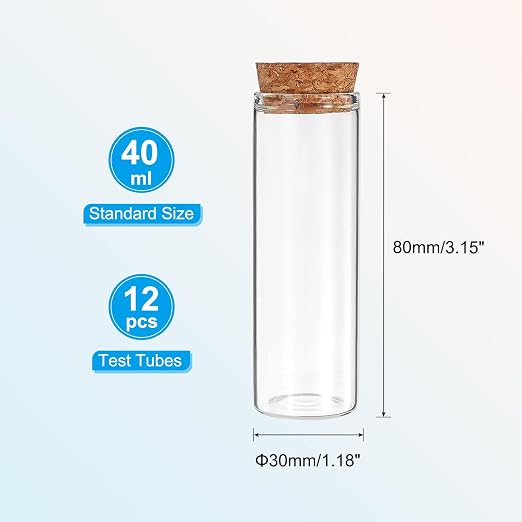 PATIKIL 40ml Test Tubes, 12pcs 3.15x1.18 Glass Clear Flat Bottom Test Tube Containers with Cork Stopper for Bead Party Candy Bath Salt Storage Scientific Experiment Plant Propagation