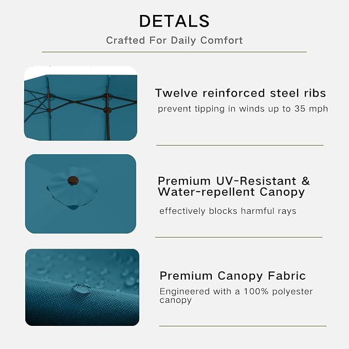 Kingdura 15ft Large Patio Umbrella with Base Included, Double-Sided Rectangle Outdoor Table Umbrella with 12 Reinforced Ribs, Crank Lift for Market Pool Deck Backyard, Lake blue