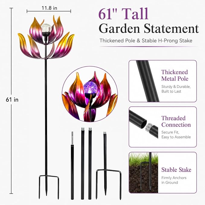 Solar Wind Spinner Outdoor Metal Decor - 61" Tall Lotus Kinetic Yard Art with Color-Changing Crackle Glass LED Light, Dual-Directional Wind Catcher Lawn Ornament for Garden, Patio & Yard Gift
