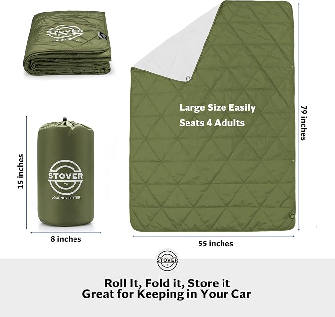 STOVER Outdoor Waterproof Fleece Travel Blanket for Camping, Picnics, Stadiums, Sports, the Beach– Warm, Windproof, Compact, Lightweight & Sand-Resistant (Olive Green)