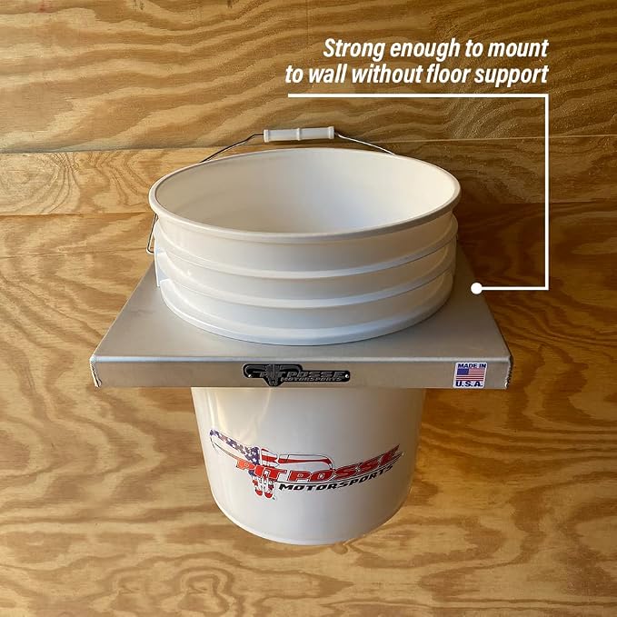 Pit Posse PP3352 5 Gallon Bucket Holder Rack Stand - Made in USA - Bucket Storage Mount for Garage, Enclosed Race Trailer, Automotive Work Shop, Snowmobile - Fits Yeti or Standard 5 Gal Buckets
