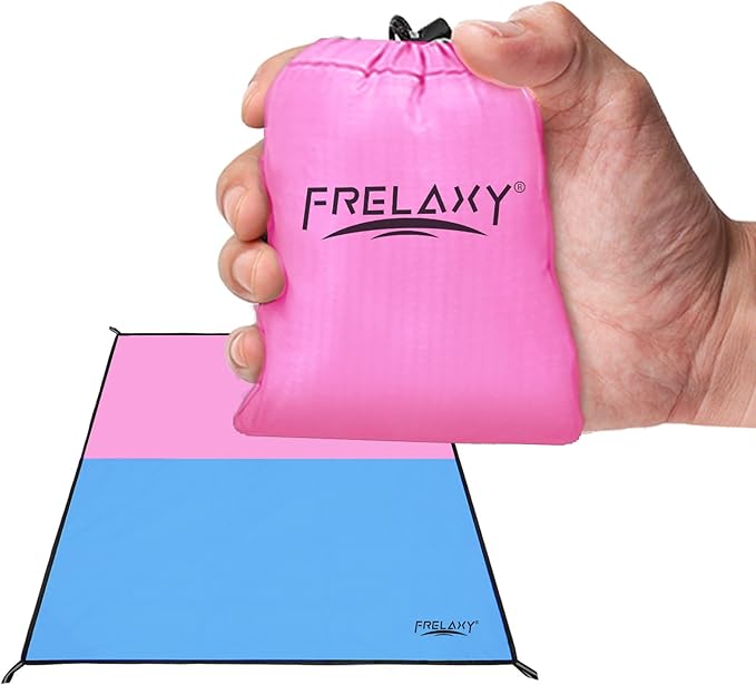 Frelaxy Pocket Picnic Blanket, Waterproof Sandproof Beach Mat, Compact Camping Tarp for Festivals, Hiking, Travel, Outdoor Recreation (Pink & Blue, 35'' x 57'')