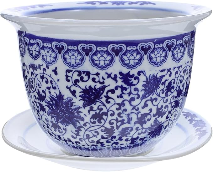 Blue and White Flower Pot with Drain Hole, Blue and White Planter Ceramic Ceramic Decorative Flower Pot Chinoiserie Planter, Diameter 6.7 inch