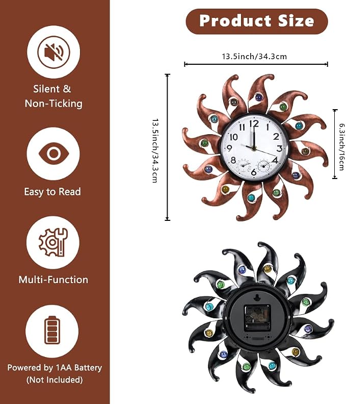 Sun Outdoor Clock with Thermometer & Humidity | Silent No-Ticking, Wall-Mounted Clock Waterproof for Patio, Garden, Home Decor, Brown