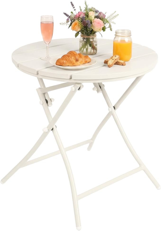 TeoKJ Folding Small Outdoor Side Tables, HDPS Patio Table with Metal Legs, Outdoor Small Round Table for Garden,Deck, No Assembly Patio Table Round Nightstand for Porch Yard Balcony Deck Lawn, White