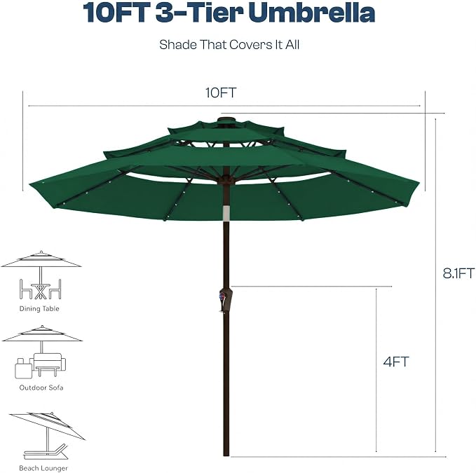 10ft 3-Tier Patio Umbrella with 32 Solar Powered LED Lights, Windproof Outdoor Market Umbrella for Deck, Poolside & Garden, Sturdy Push-Button Tilt Table Umbrella, Forest Green