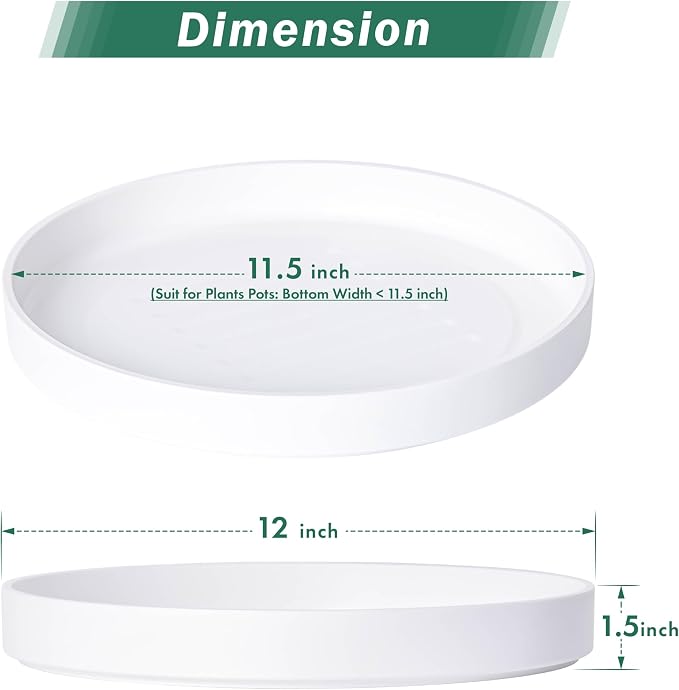 Phoenix Vine 12 Inch Plastic Plant Saucer Water Drip Tray, Heavy Sturdy Round Plant Drainage Tray for Indoors Outdoor, Set of 2, Matte White, 21-TY-12W-2