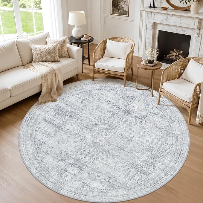 Round Area Rug Living Room: 8ft Neutral Washable Carpet Rug Gray | Vintage Boho Circle Soft Large Circular Carpet Bedroom Nursery Farmhouse Dining Room Indoor Decor Floor Non-Slip Under Table