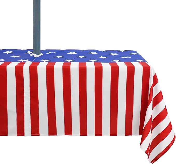Outdoor Tablecloth with Umbrella Hole 4th of July Decorations Patriotic Decor Waterproof Polyester Rectangle for Picnic, BBQ, Party 60 x 102 in